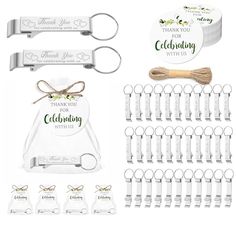 wedding favors and bottle openers are shown in this image with the package for each guest