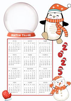 a calendar with two penguins and a snow globe