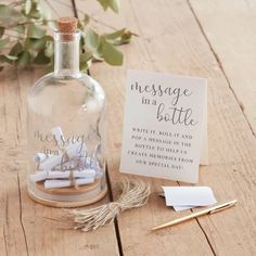 a message in a bottle next to a note and pen