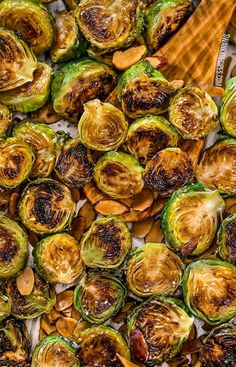 roasted brussel sprouts with wooden spoon