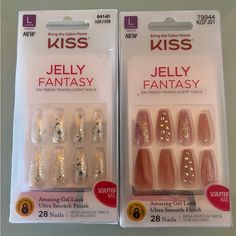 2 Kiss Jelly Fantasy Press-On Long Nails #79944 Kgfj01#84140 Glitter Rhinestones Kiss Press On Nails Glitter, Impress Nails Press On, Blue Peach