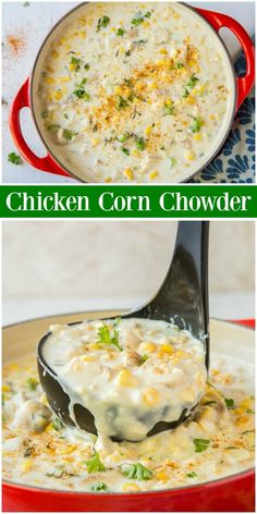 chicken corn chowder in a red bowl with a spoon