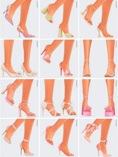 many different types of high heeled shoes with bows on the toes and heels, all in