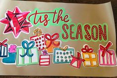 a handmade christmas card that says tis the season with presents and stars on it