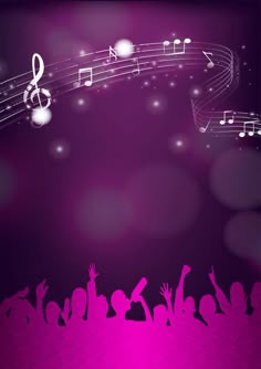 a purple background with musical notes and silhouettes of people dancing in front of them