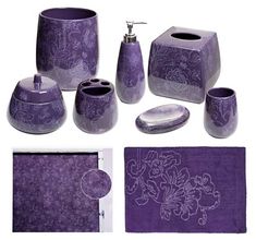 purple bathroom accessories set including soap dispenser, toothbrush holder and tissue