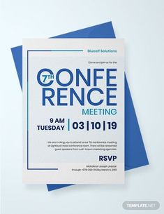 a blue and white flyer with the words conference meeting on it's front cover