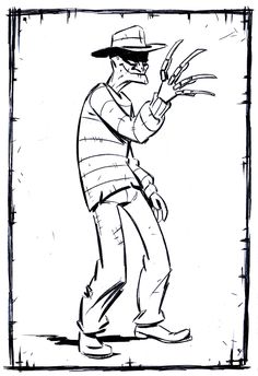 a black and white drawing of a man in a hat holding his hands out to the side