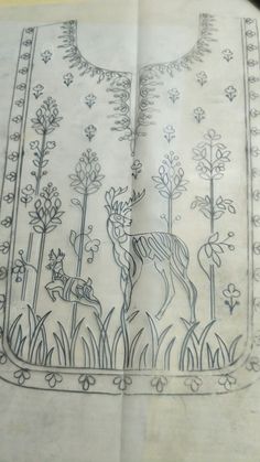 a drawing of a deer in the grass with trees and flowers on it's side