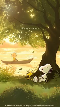 a cartoon character sitting under a tree next to a body of water with a boat in the background