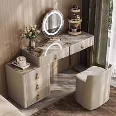 a vanity table with two stools and a mirror