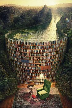 a green chair sitting on top of a rug in front of a book shelf filled with books