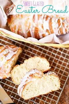 sweet glazed easter bread with icing on a cooling rack next to a loaf of cake