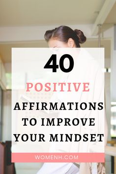 a woman reading a book with the words, 40 positive affirmations to improve your minds