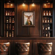 a painting of a deer is hanging on the wall behind two leather bar stools