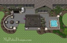 an aerial view of a pool and patio area