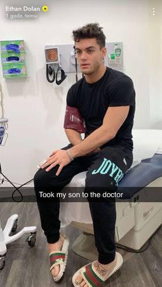 a man sitting on top of a hospital bed next to an iv drip machine and the caption reads, took my son to the doctor