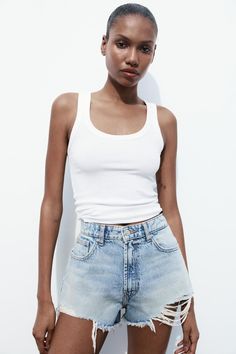 HIGH WAIST RIPPED TRF DENIM SHORTS - Light blue | ZARA United States Denim Ripped Shorts, Linen Pants Suit, Ripped Shorts, Zara Shorts, Cardigan Sweater Jacket, T Shirt Vest, Zara United States, High Waisted Denim, Swimwear Accessories