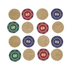 casino chips with the number 50 on them in different colors and sizes, all sitting side by side