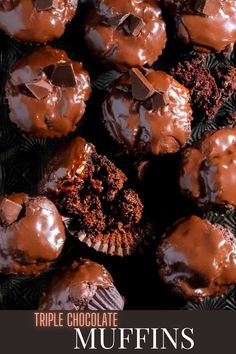 Triple chocolate muffins on a baking sheet with one muffin broken open and laid on its side. Quick Egg Recipes, Chocolate Desserts Fancy, Chocolate Muffin Recipe, Chocolate Muffin, Types Of Chocolate, Muffin Recipe