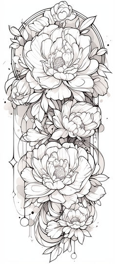 an artistic drawing of flowers with black and white lines on the bottom half of it