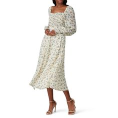 Cream floral chiffon (100% Polyester). Hourglass. Long sleeve. Square neckline. Zipper. Partially lined. 50" from shoulder to hemline. Imported. Rent Dresses, Black Floral Maxi Dress, Tie Maxi Dress, Tent Dress, Holiday Party Dresses, Column Dress, Silky Dress, Bodycon Maxi Dresses, Rent The Runway