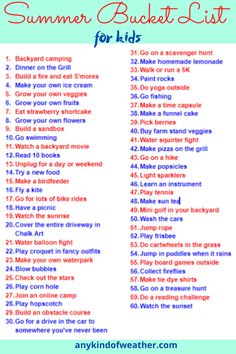 the summer bucket list for kids is shown in red, white and blue with text overlay