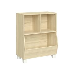 a wooden bookcase with three compartments on one side and two legs in the other