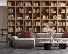 a living room filled with lots of bookshelves next to a couch and coffee table