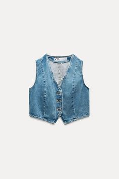 DENIM VEST Z1975 - Mid-blue | ZARA United States Denim Waistcoat, Trench Coat Dress, Short Denim, Cardigan Sweater Dress, Cardigan Sweater Jacket, Leather Shirt, Blazer And Shorts, Tshirt Skirt, Knitwear Cardigan