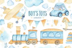 Boy Toys, Boys Toys, Shower Bebe, Train Car, Art Nursery, Watercolor Drawing, Kit Digital