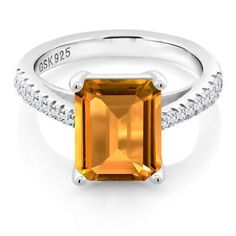 925 Silver Octagon Natural Citrine Solitaire with Accents Mother New Ring Size 7 Ring Size, 925 Sterling Silver, Sterling Silver, Ring