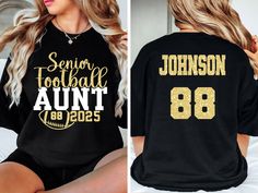 Senior Football Aunt Shirt,Glitter, Senior Football Aunt Shirt,Football Mom Tee,Football Aunt Shirt,Football Aunt Gift,Custom Football Shirt This fun Senior Football Aunt tee is perfect to wear for any game. This Bella Canvas tee is soft and great for everyday wear.  ♥ HOW TO Order: 1) Select Shirt STYLE and COLOR from 1st drop down (see charts in pictures for options of colors for each style) 2) Choose the SHIRT SIZE from the 2nd drop down (see measurement charts in pictures, we highly recommen Football Aunt Shirts, Senior Mom Football Shirt Ideas, Football Aunt, Custom Football Shirts, Football Ideas, Senior Football, Aunt Shirt, Football Mom Shirts, Aunt Shirts