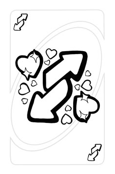 a black and white drawing of an arrow pointing to the left with hearts on it