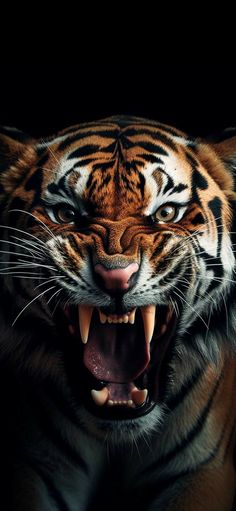 a tiger with its mouth open and it's teeth wide open, showing fangs