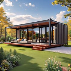 an artist's rendering of a shipping container home in the middle of a park