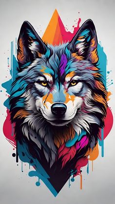 a wolf with colorful paint splatters on it's face and head,