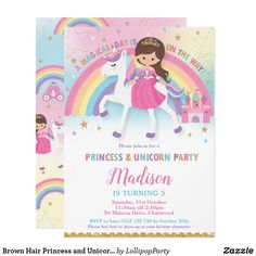 a princess and unicorn birthday party card