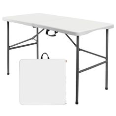 a white table with black legs and a bag on the bottom, next to it