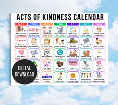 the acts of kindness calendar is shown with clouds in the background