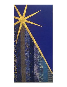 a blue and gold christmas card with a star above it