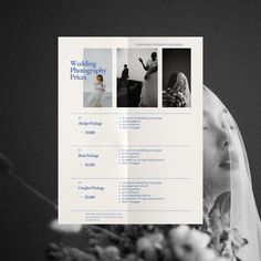 the wedding photography price sheet is displayed in this black and white photo, with an image of a bride's veil