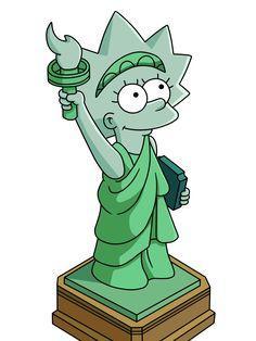 the statue of liberty as depicted in cartoon form, with green hair and an eye patch