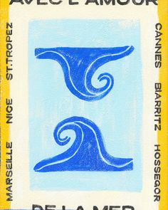 a stamp with an image of a wave in blue and yellow, on a white background