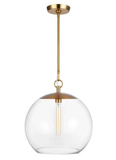 VCS-CP1041BBSRound PendantA modern take on classic schoolhouse lighting. Basic geometric forms, sphere and cone, made from clear mouth blown glass. The thick glass shade enhances the light from the bare filament bulb within. Finish: Burnished BrassThe Atlantic series from Chapman & Myers for Visual Comfort Studio Collection features globe and conical Clear Glass pendants paired with rich Burnished Brass and pure Polished Nickel hardware; these work well singularly or in multiples to elevate any room. The lamping suspends from the center, and appears floating within the Clear Glass shade. Coordinating table lamps feature white linen shades and lend a bright, cozy ambiance to any space.From the brand formerly known as Generation Lighting Designer CollectionThe minimalistic design replaces a Large Glass Globe Pendant Light, Regina Andrew Globe Pendant, Glass Globe Flushmount Light, Bridget Recycled Glass Pendant, Polished Nickel Hardware, Sculptural Glass 5-light Globe Chandelier - Clear, Filament Bulb, Geometric Form, Linen Shades