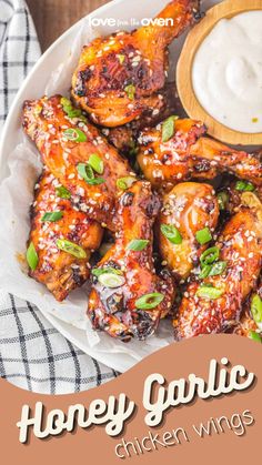 honey garlic chicken wings with ranch dressing on the side and text overlay that reads honey garlic chicken wings