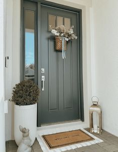 a front door with a potted plant next to it and a welcome mat on the ground