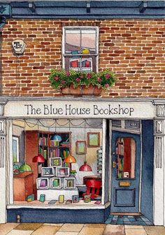 the blue house bookshop is painted in watercolor