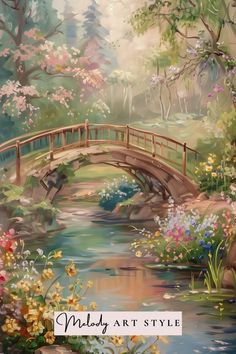 a painting of a bridge over a river with flowers on the bank and trees in the background