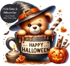 a teddy bear sitting in a cup with halloween decorations